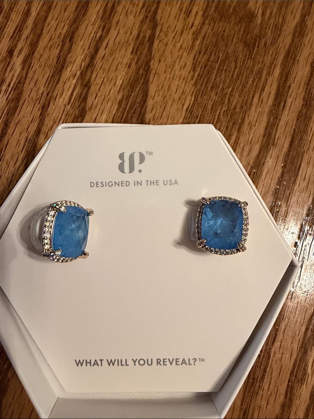 Blue Cushion Halo Stud Earrings with Crystal Accents